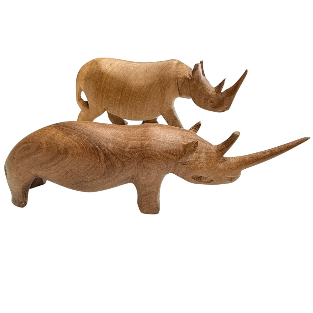 Rhinoceros Figurine Set OS Brown Excellent Hand Carved Wood Safari Art